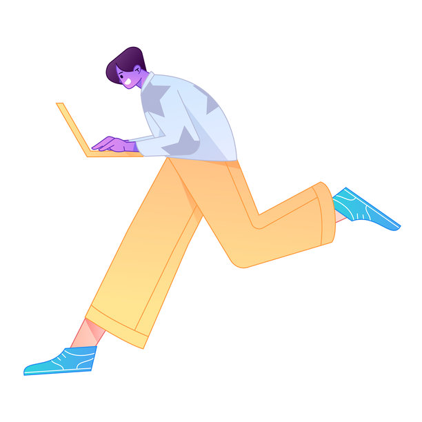 矢量渐变扁平风插画，一个人在远程办公，使用电脑工作。图片下载