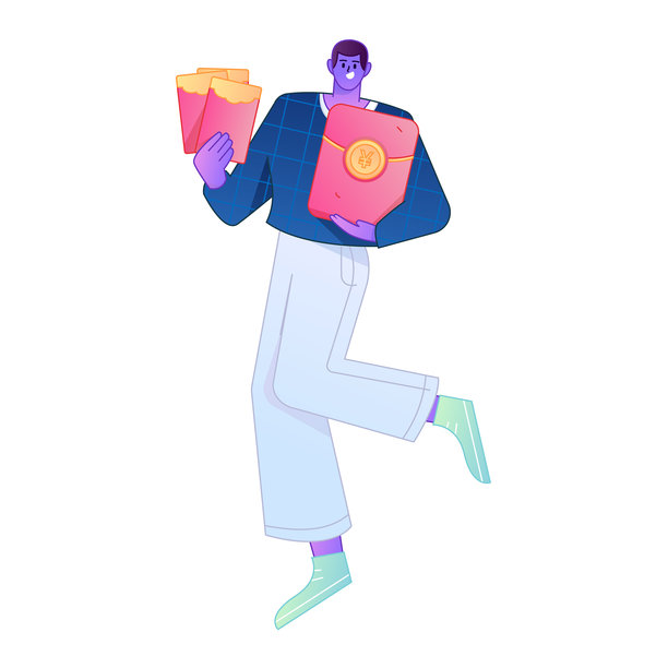 矢量扁平渐变插画，描绘一个角色手持红包庆祝中国新年。图片下载