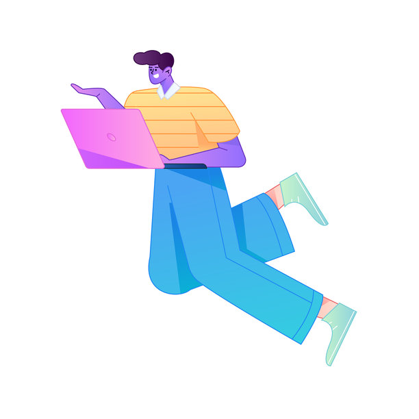 矢量渐变扁平风插画，一个人在家远程办公，使用电脑工作。图片下载