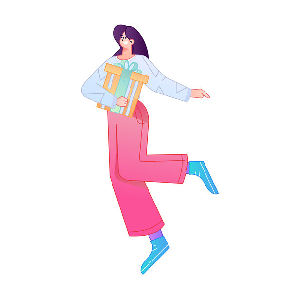 矢量渐变插画风格，一个角色脸上带着惊讶的表情，手中拿着一个礼品盒。图片下载