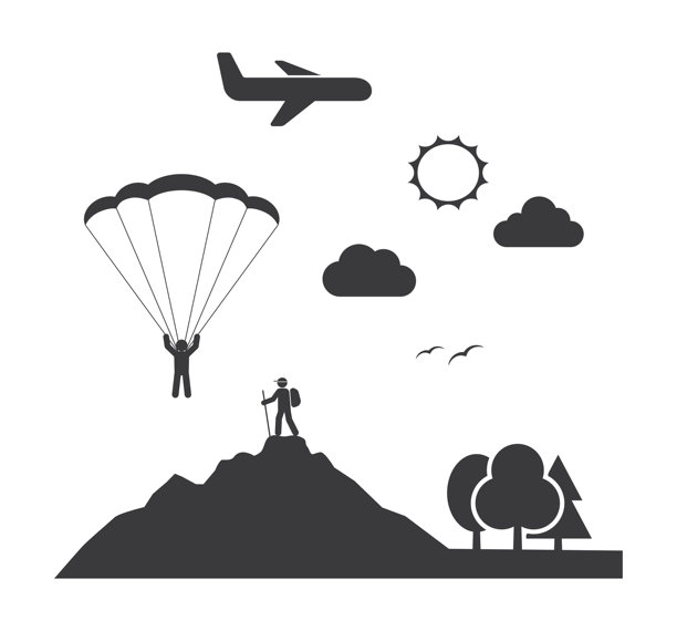 滑翔伞降落在山地景观上，飞机在空中飞翔图片下载