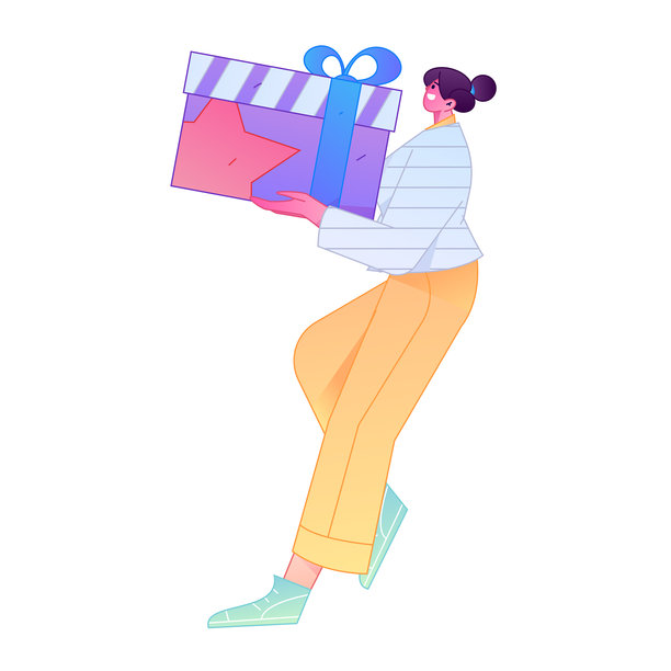 矢量渐变插画风格，一个角色脸上带着惊讶的表情，手里拿着一个礼物盒。图片下载
