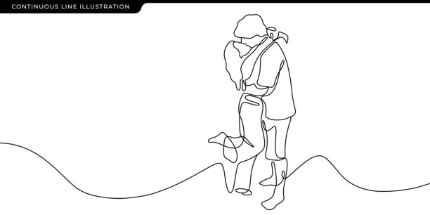 情侣拥抱亲吻的连续线条插画图片下载