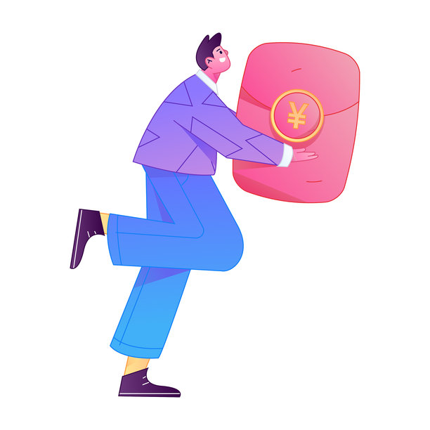 矢量扁平渐变插画，描绘一个角色手持红包庆祝中国新年。图片下载
