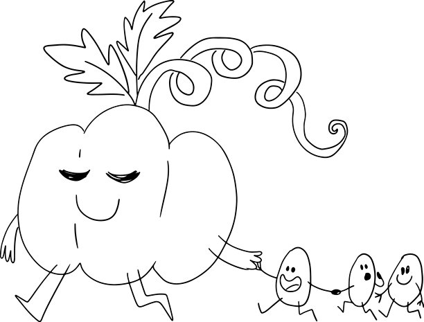 一个滑稽的大南瓜，面带微笑，牵着它的种子宝宝，用粗糙的线条绘制图片下载