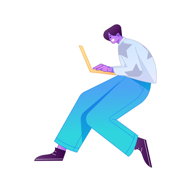 矢量渐变扁平插画，一人在家远程办公，使用电脑工作。图片下载