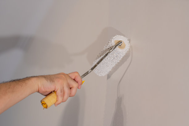 特写动作镜头，强调涂抹的瞬间。一只手正在将大面积表面涂成白色，非常适合用于维修和劳动主题的图片。图片下载