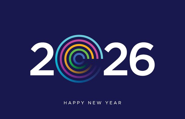 2026新年快乐艺术字标志，多彩科技地球，多彩数字球体或光纤，2026矢量插画，数据或科技主题，2026新年节日设计图片下载