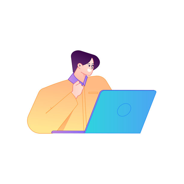 矢量渐变插画，一个人在远程工作，使用电脑。图片下载