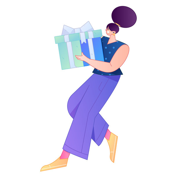 矢量渐变插画风格，一个角色带着惊讶的表情，手里拿着一个礼物盒。图片下载