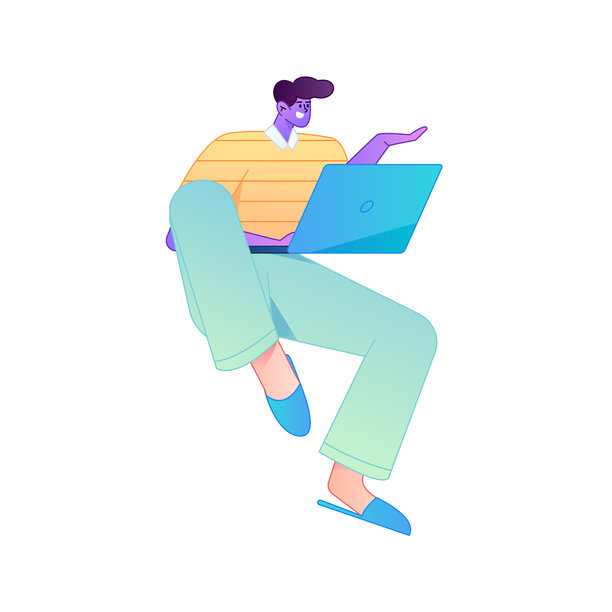 矢量扁平渐变插画，描绘一个人在家远程办公，使用电脑工作。图片下载