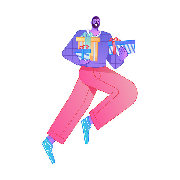 矢量渐变插画风格，一个角色带着惊讶的表情拿着一个礼物盒。图片下载