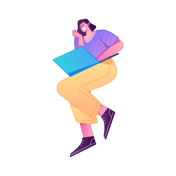 矢量渐变扁平风插画，一个人在远程办公，使用电脑工作。图片下载