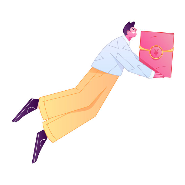 矢量渐变插画，描绘了一个角色手持红包庆祝中国新年。图片下载