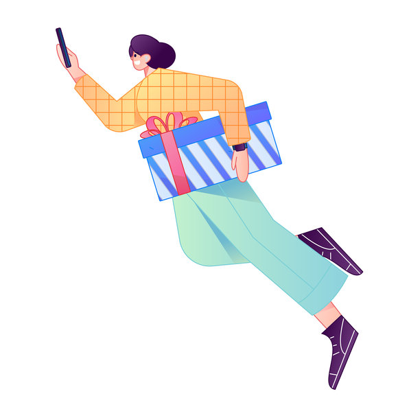 矢量渐变插画风格，一个角色带着惊讶的表情，手里拿着一个礼物盒。图片下载