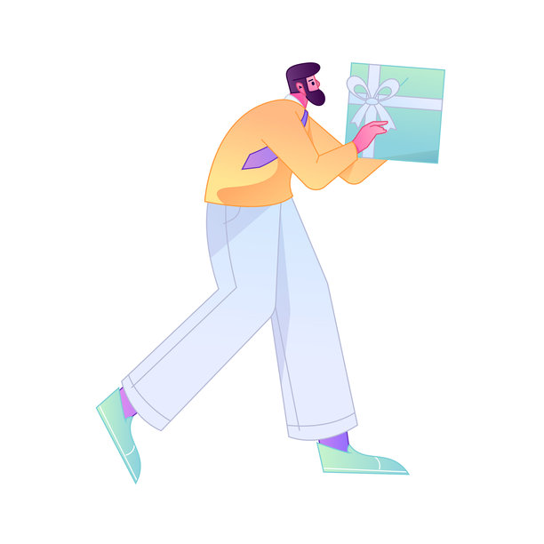 矢量渐变插画风格，一个角色惊讶地拿着一个礼物盒。图片下载