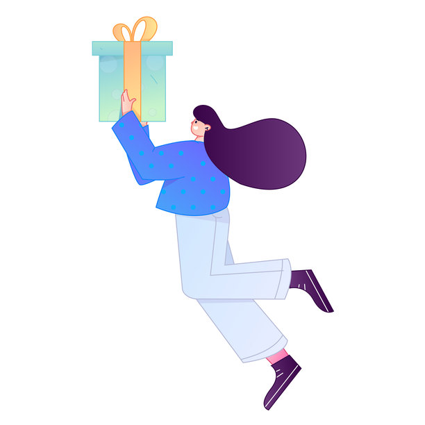 矢量渐变插画风格，一个角色惊讶地拿着一个礼物盒。图片下载