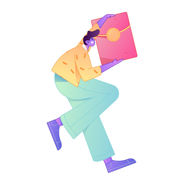 矢量渐变扁平化插画，描绘了一个角色手持红包庆祝中国新年的场景。图片下载