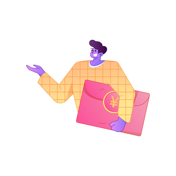 矢量渐变扁平化插画，描绘了一个角色手持红包庆祝中国新年的场景。图片下载