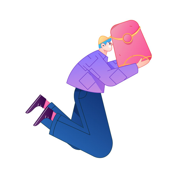 矢量扁平渐变插画，描绘了一个角色手持红包庆祝中国新年的场景。图片下载