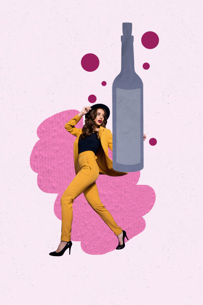 快乐女孩在酒吧夜店的垂直照片拼贴画，场合是饮酒，有酒瓶、饮料、酒精，享受周末放松的惬意时光图片下载