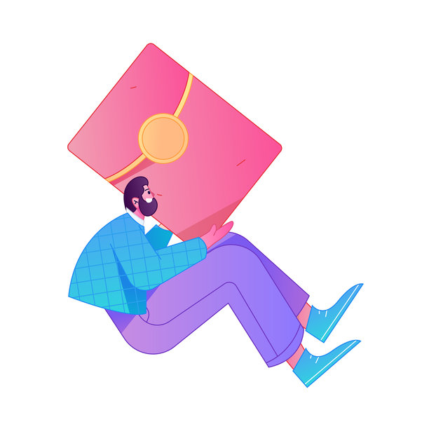 矢量扁平渐变插画，描绘了一个角色手持红包庆祝中国新年的场景。图片下载