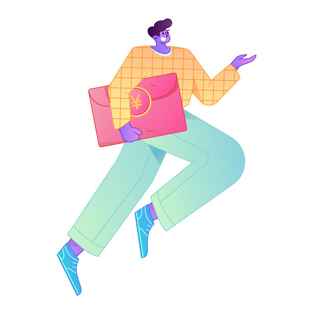 矢量扁平渐变插画，描绘了一个角色手持红包庆祝中国新年。图片下载