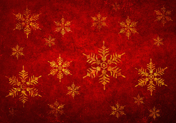 金色雪花在深红色纹理背景上闪耀，圣诞假日图案，复古感觉图片下载