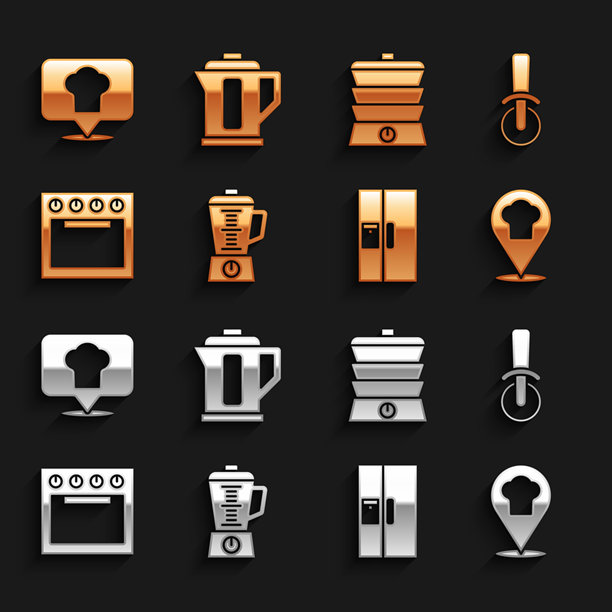 矢量图：搅拌机、披萨刀、带位置的厨师帽、冰箱、烤箱、慢炖锅和电热水壶图标。图片下载