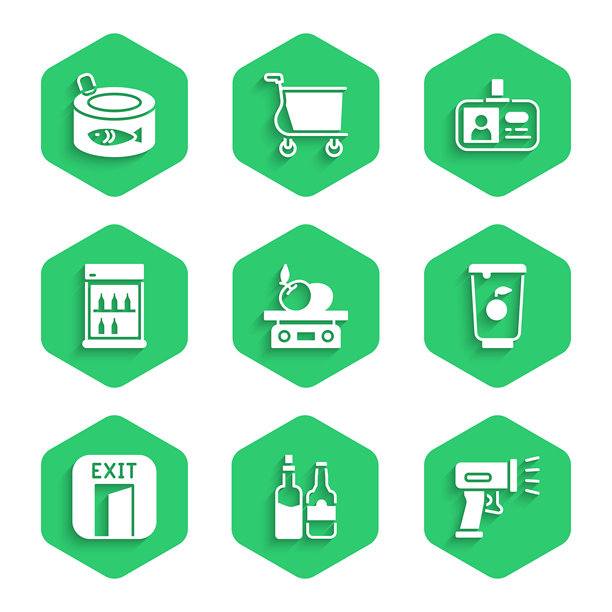 一套电子秤用于产品、威士忌酒瓶、扫描仪扫描条形码、酸奶容器、消防出口、商用冰箱、身份证徽章和罐头鱼图标。矢量图图片下载