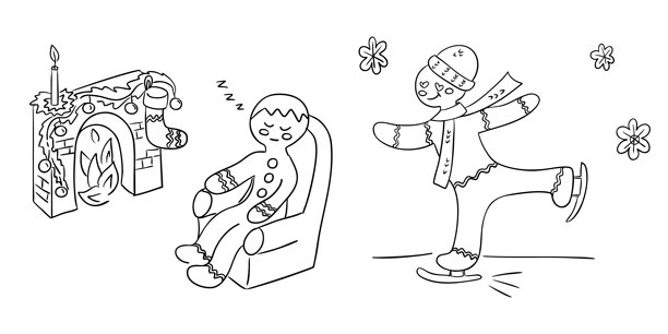 姜饼人形象靠近节日壁炉，以及简单的节日线条插画中的滑冰场景。该概念展示了舒适的冬日时光和欢乐的季节性活动。图片下载