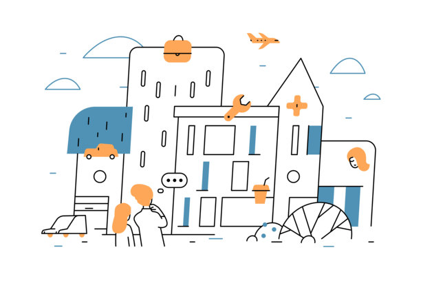 简约线条艺术矢量插画，小人物们仰望着一座充满商业和服务业的城市。寓意求职、职业选择、机遇、工作和都市生活。图片下载