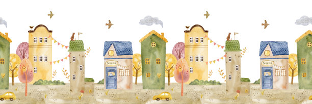 建筑无缝图案边框。儿童可爱水彩建筑和树木。童话房屋、老城街道的全景。时尚的斯堪的纳维亚背景。儿童插画图片下载