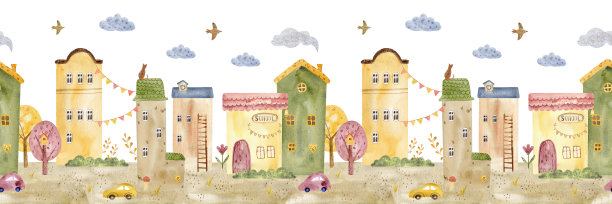 建筑无缝图案边框。儿童可爱水彩建筑和树木。童话般的房屋、老城街道的全景。时尚的斯堪的纳维亚背景。儿童插画图片下载