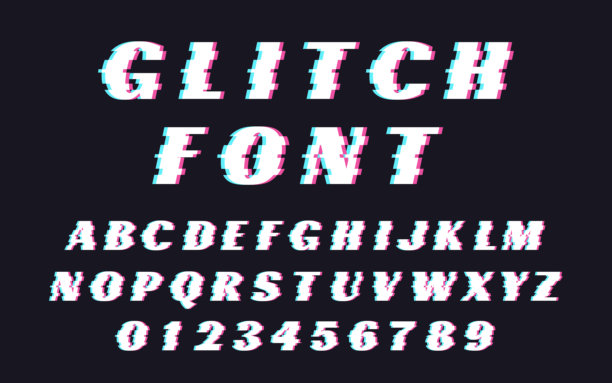 故障字体。带有失真和噪点的字母和数字。具有电视屏幕故障效果的字母表。图片下载