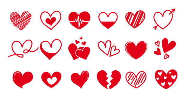 红色心形涂鸦素材合集。包含轮廓、草图、涂鸦、晕影、乱画和笔触风格的心形图案图标。图片下载