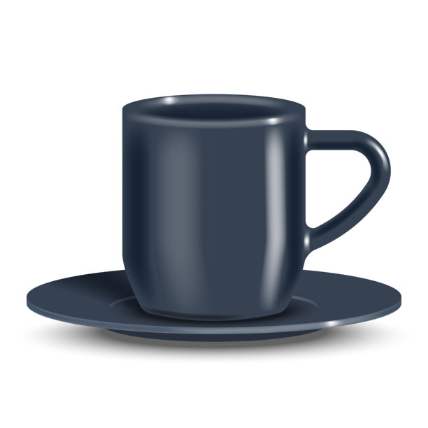 深蓝色陶瓷咖啡杯或茶杯及碟子，写实3D矢量模型，孤立在白色背景，正面等距视图，非常适合茶歇、咖啡馆菜单或饮品服务展示插画。图片下载