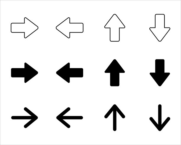 简单的箭头图标集。用于网页导航按钮的箭头符号。包含左、右、上、下方向的箭头。矢量图，背景分离。矢量素材。图片下载