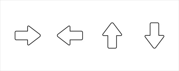 简单的箭头图标集。纤细线条设计的网页导航按钮箭头符号。包含左、右、上、下方向的箭头。矢量图，孤立背景。矢量素材。图片下载