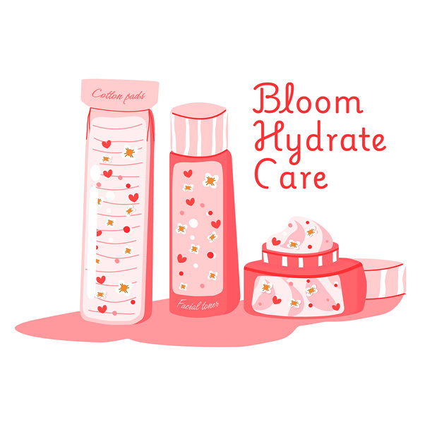 “绽放、水润、呵护”护肤套装。花卉面霜、爽肤水和化妆棉，温和护肤插画图片下载