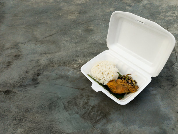 盒装米饭，内含米饭、酱油鸡和香辣炒小鱼干。置于水泥地上。图片下载