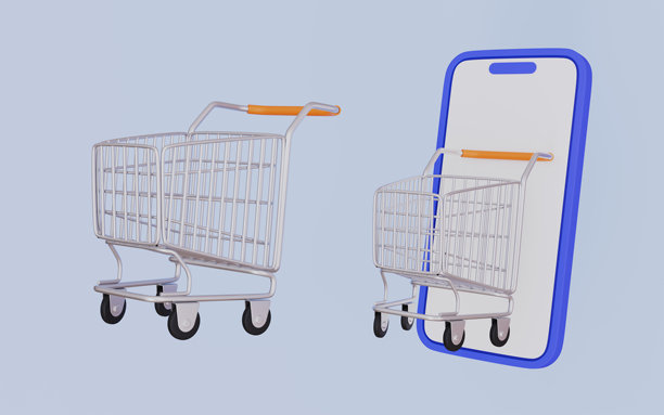 手机购物弹出的购物车，在线购物概念，3D插画图片下载