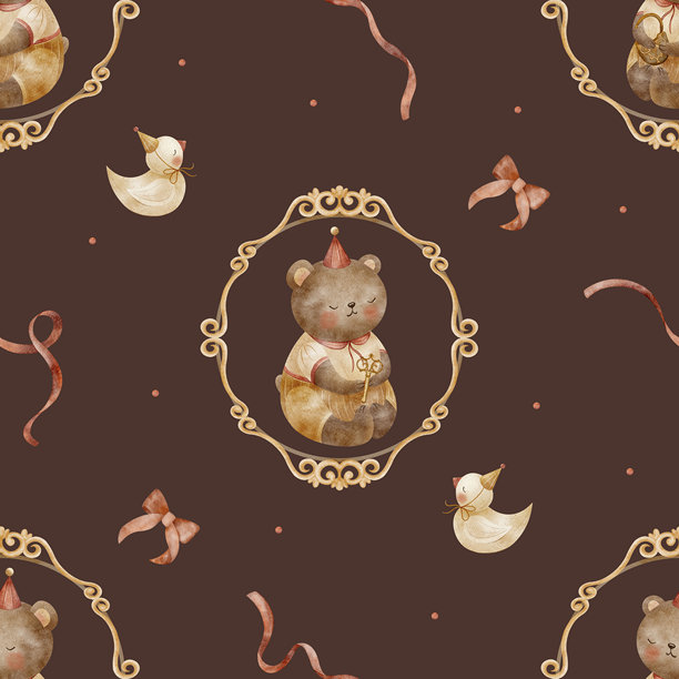 复古相框内的泰迪熊图案，饰有红色蝴蝶结丝带。儿童风格的手绘水彩插画。印在深棕色背景上，适用于婴儿纺织品、服装、壁纸和包装设计。图片下载