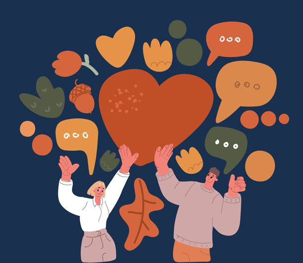 矢量插画，描绘一对男女共同捧着一颗巨大的心，象征着爱、团结与伙伴关系图片下载