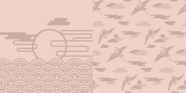 矢量图：东方风格的单色插画，带有传统装饰、仙鹤、云彩和太阳图片下载