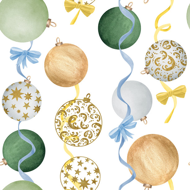 白色、浅绿、深绿色、金色装饰球和丝带蝴蝶结的无缝图案。圣诞新年剪贴画。手绘水彩插画，用于节日包装、包装纸图片下载