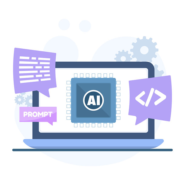 插画展示了人工智能提示工程，包含代码符号，代表人工智能开发、数字创新和智能技术工作流程。图片下载