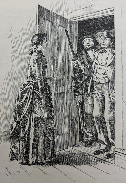 古董插画 - 夜晚，一群男人拿着棍子，与一位身穿长裙的女士在她家门口交谈图片下载