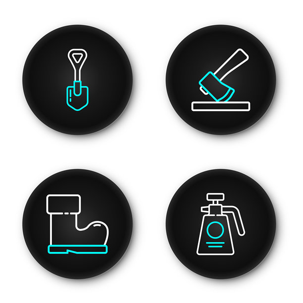 园林喷雾器、防水橡胶靴、木斧和铲子图标的线条图。矢量图图片下载