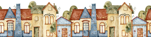 水彩横向无缝边框，带有乡村风格的舒适房屋。建筑无缝图案边框。儿童可爱水彩建筑和树木。童话般的房屋、老城区街道的全景。儿童插画。图片下载